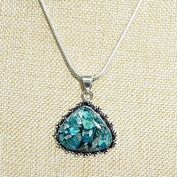 Chrysocolla necklace, 925 silver copper chrysocolla gemstone pendant necklace - Picture 1 of 11